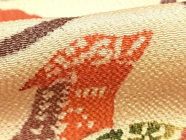 平和屋着物●豪華振袖　型染め　花鳥文　鬼しぼ縮緬　正絹　逸品　AABK1287fy