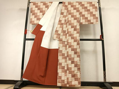 平和屋着物●上質な紬　市松文様　正絹　逸品　AABK1297fy