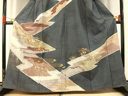 平和屋着物●訪問着　紬地　絞り　刺繍　松竹梅　花鳥文　金糸　金彩　ますいわ屋扱い　正絹　逸品　AABK1298fy