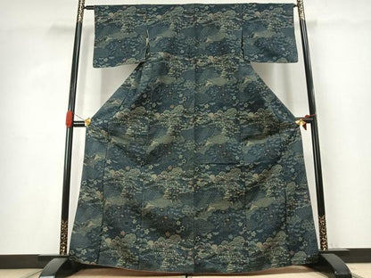 平和屋着物●上質な小紋　紬地　藍　型染め　風景花文　正絹　逸品　AABK1300fy