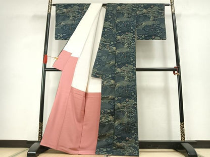 平和屋着物●上質な小紋　紬地　藍　型染め　風景花文　正絹　逸品　AABK1300fy