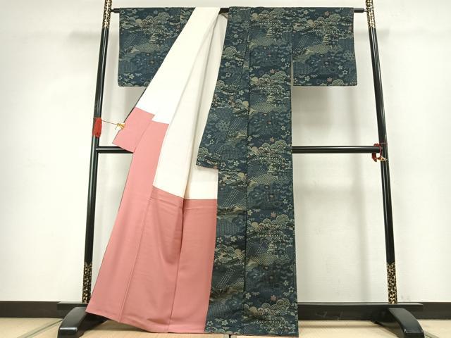平和屋着物●上質な小紋　紬地　藍　型染め　風景花文　正絹　逸品　AABK1300fy