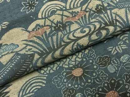 平和屋着物●上質な小紋　紬地　藍　型染め　風景花文　正絹　逸品　AABK1300fy