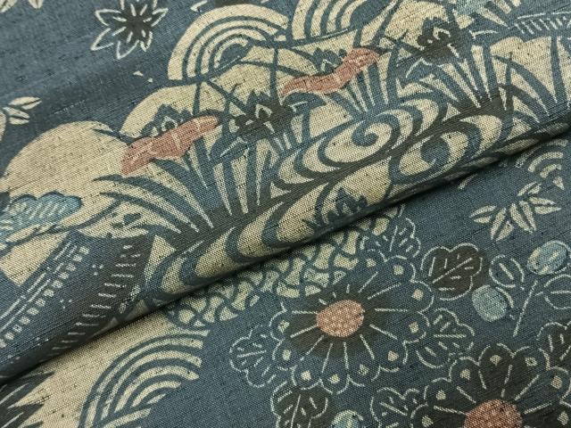 平和屋着物●上質な小紋　紬地　藍　型染め　風景花文　正絹　逸品　AABK1300fy
