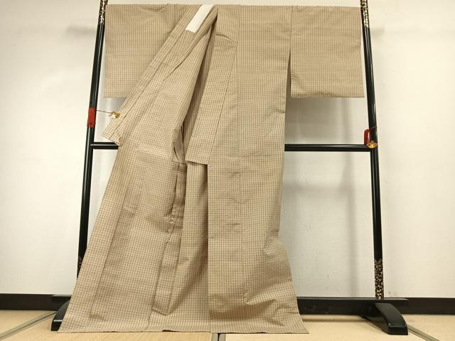 平和屋着物●結城紬　格子　証紙付き　仮絵羽　正絹　逸品　未使用　AABK1304fy