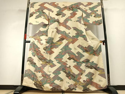 平和屋着物●訪問着　紬地　型染め　松竹梅　正絹　逸品　AABK1305fy