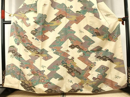平和屋着物●訪問着　紬地　型染め　松竹梅　正絹　逸品　AABK1305fy