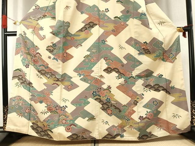 平和屋着物●訪問着　紬地　型染め　松竹梅　正絹　逸品　AABK1305fy