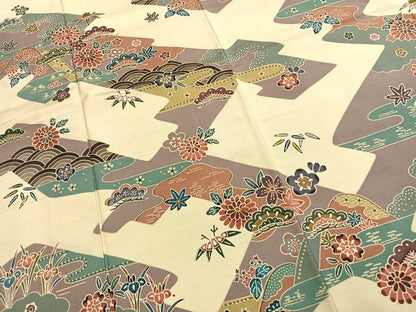 平和屋着物●訪問着　紬地　型染め　松竹梅　正絹　逸品　AABK1305fy