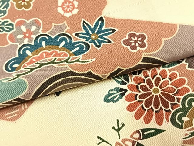 平和屋着物●訪問着　紬地　型染め　松竹梅　正絹　逸品　AABK1305fy