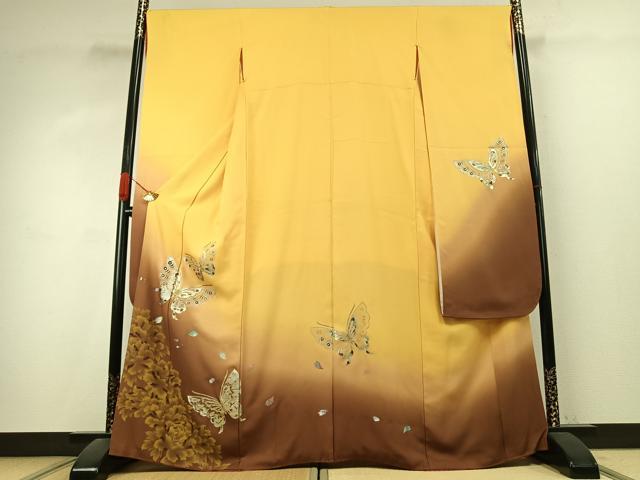 平和屋着物●豪華振袖　花蝶文　暈し染め　金銀彩　正絹　逸品　AABK1308fy