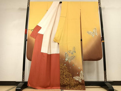 平和屋着物●豪華振袖　花蝶文　暈し染め　金銀彩　正絹　逸品　AABK1308fy