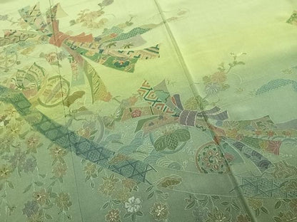 平和屋着物●訪問着　中国三大刺繍　汕頭刺繍　スワトウ刺繍　総刺繍　束ね熨斗花蝶文　暈し染め　金彩　正絹　逸品　AABK1311fy