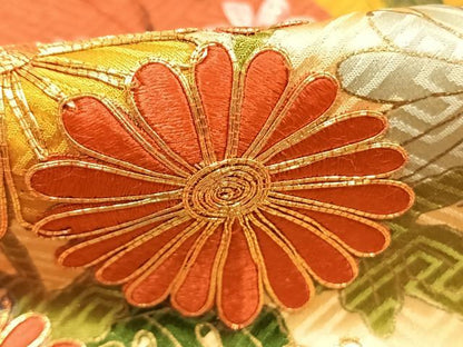 平和屋着物●豪華振袖　駒刺繍　色紙重ね花文　金彩　正絹　逸品　AABK1330fy