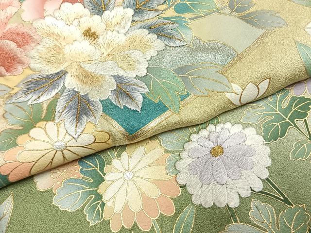 平和屋着物●訪問着　刺繍　草花文　暈し染め　金糸　金銀彩　正絹　逸品　AABK1331fy