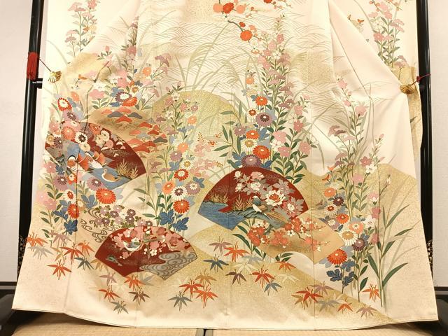 平和屋着物●豪華振袖　駒刺繍　地紙花鳥文　金彩　正絹　逸品　AABK1339fy