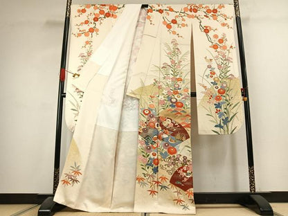 平和屋着物●豪華振袖　駒刺繍　地紙花鳥文　金彩　正絹　逸品　AABK1339fy