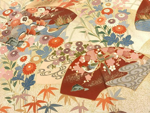 平和屋着物●豪華振袖　駒刺繍　地紙花鳥文　金彩　正絹　逸品　AABK1339fy
