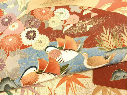 平和屋着物●豪華振袖　駒刺繍　地紙花鳥文　金彩　正絹　逸品　AABK1339fy