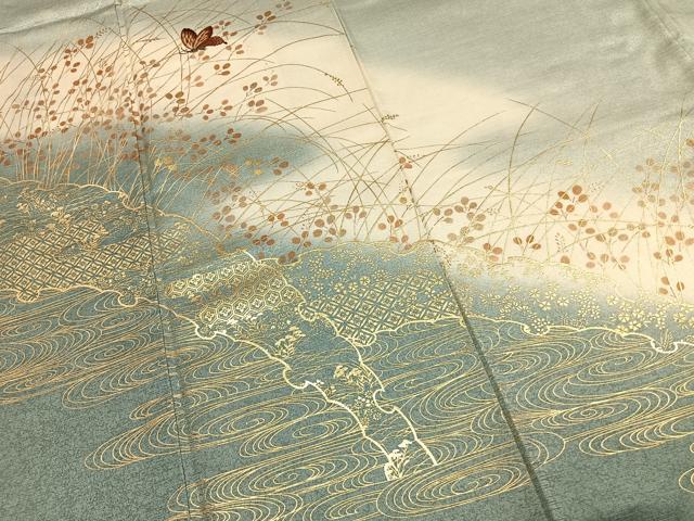 平和屋着物●訪問着　刺繍　花蝶文　暈し染め　金彩　正絹　逸品　未使用　AABK1342fy