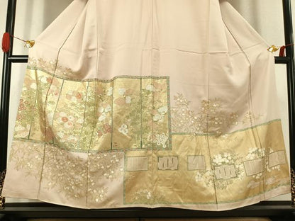 平和屋着物●豪華色留袖　刺繍　草花文　金糸　金彩　正絹　逸品　AABK1345fy