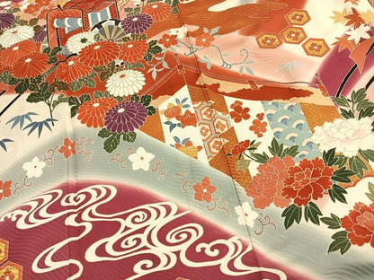 平和屋着物●豪華振袖　駒刺繍　松竹梅　御所車花文　暈し染め　金彩　正絹　逸品　AABK1355fy