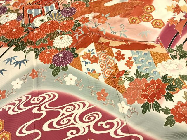平和屋着物●豪華振袖　駒刺繍　松竹梅　御所車花文　暈し染め　金彩　正絹　逸品　AABK1355fy