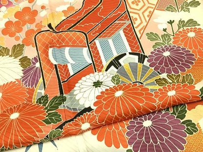 平和屋着物●豪華振袖　駒刺繍　松竹梅　御所車花文　暈し染め　金彩　正絹　逸品　AABK1355fy