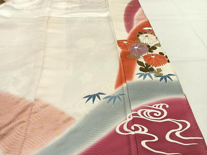 平和屋着物●豪華振袖　駒刺繍　松竹梅　御所車花文　暈し染め　金彩　正絹　逸品　AABK1355fy