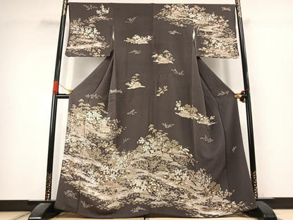 平和屋着物●訪問着　風景花文　鬼しぼ縮緬　反端付き　正絹　逸品　AABK1369fy