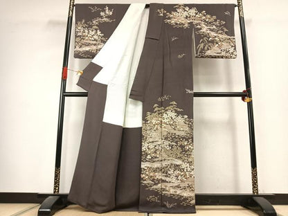 平和屋着物●訪問着　風景花文　鬼しぼ縮緬　反端付き　正絹　逸品　AABK1369fy