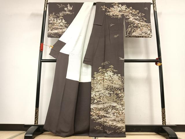 平和屋着物●訪問着　風景花文　鬼しぼ縮緬　反端付き　正絹　逸品　AABK1369fy