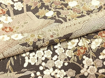平和屋着物●訪問着　風景花文　鬼しぼ縮緬　反端付き　正絹　逸品　AABK1369fy