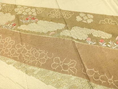 平和屋着物●訪問着　絞り　刺繍　草花文　金彩　正絹　逸品　AABK1380fy