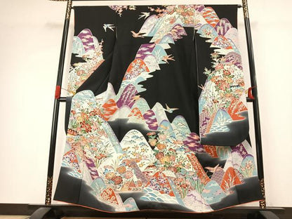 平和屋着物●豪華振袖　型染め　花鳥文　暈し染め　黒地　正絹　逸品　AABK1387fy