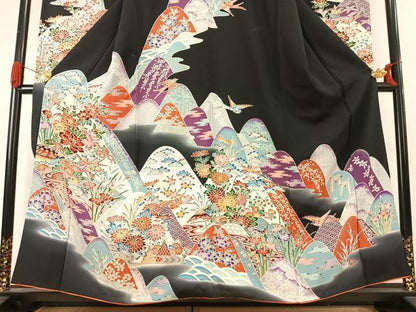 平和屋着物●豪華振袖　型染め　花鳥文　暈し染め　黒地　正絹　逸品　AABK1387fy