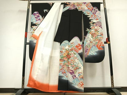 平和屋着物●豪華振袖　型染め　花鳥文　暈し染め　黒地　正絹　逸品　AABK1387fy