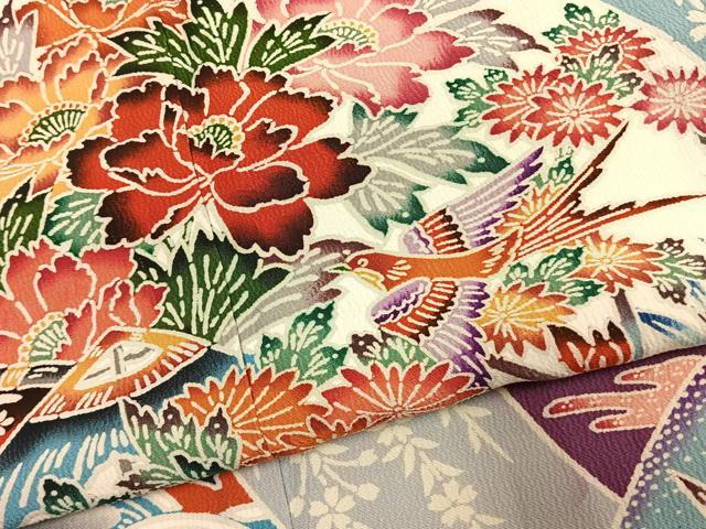 平和屋着物●豪華振袖　型染め　花鳥文　暈し染め　黒地　正絹　逸品　AABK1387fy