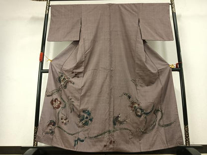 平和屋着物●訪問着　紬地　手描き　枝花文　正絹　逸品　AABK1390fy