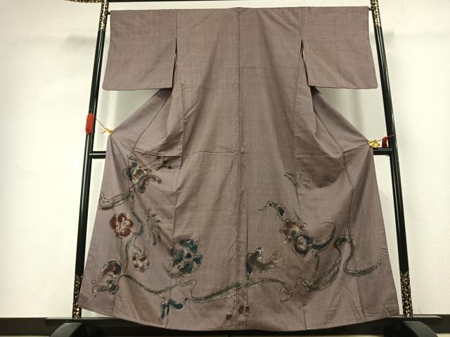 平和屋着物●訪問着　紬地　手描き　枝花文　正絹　逸品　AABK1390fy