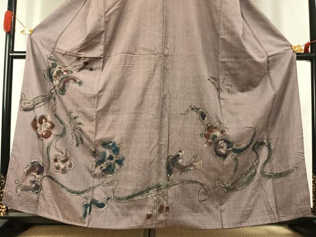 平和屋着物●訪問着　紬地　手描き　枝花文　正絹　逸品　AABK1390fy
