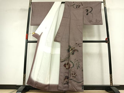 平和屋着物●訪問着　紬地　手描き　枝花文　正絹　逸品　AABK1390fy