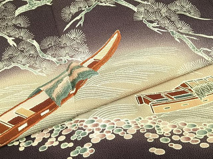 平和屋着物●訪問着　刺繍　舟　枝松文　暈し染め　鬼しぼ縮緬　正絹　逸品　未使用　AABK1393fy