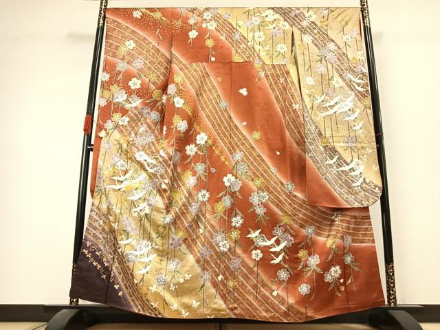 平和屋着物●豪華振袖　駒刺繍　地紙花鳥文　暈し染め　金彩　正絹　逸品　AABK1396fy