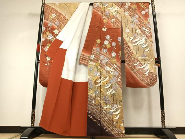 平和屋着物●豪華振袖　駒刺繍　地紙花鳥文　暈し染め　金彩　正絹　逸品　AABK1396fy
