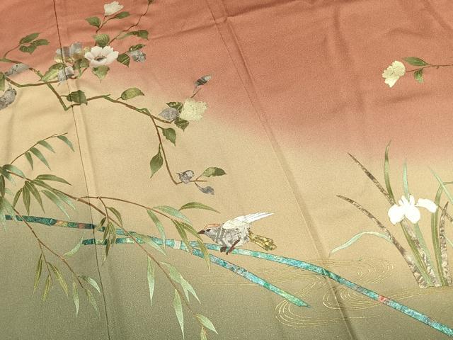 平和屋着物●訪問着　螺鈿　花鳥文　暈し染め　金銀彩　銀通し地　正絹　逸品　AABK1403fy