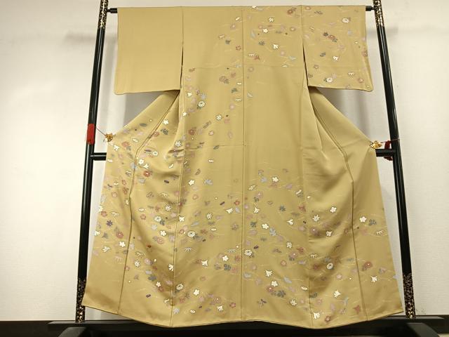 平和屋着物●訪問着　駒刺繍　草花文　金彩　正絹　逸品　AABK1419fy