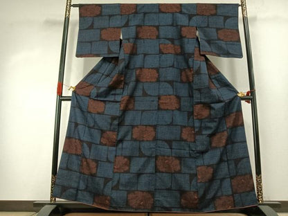 平和屋着物●結城紬　80亀甲　市松花文　正絹　逸品　AABK1421fy