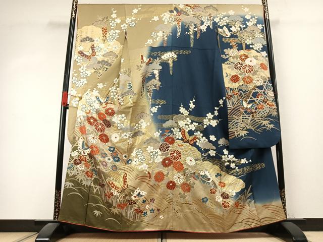 平和屋着物●豪華振袖　松竹梅　花蝶文　暈し染め　金彩　正絹　逸品　AABK1424fy
