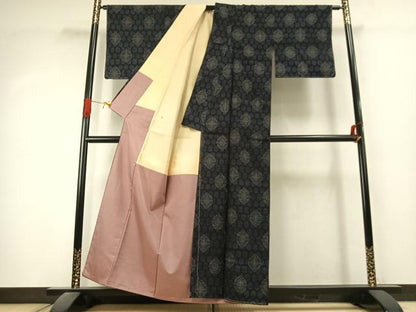 平和屋着物●結城紬　80亀甲　吉祥花文　正絹　逸品　AABK1429fy